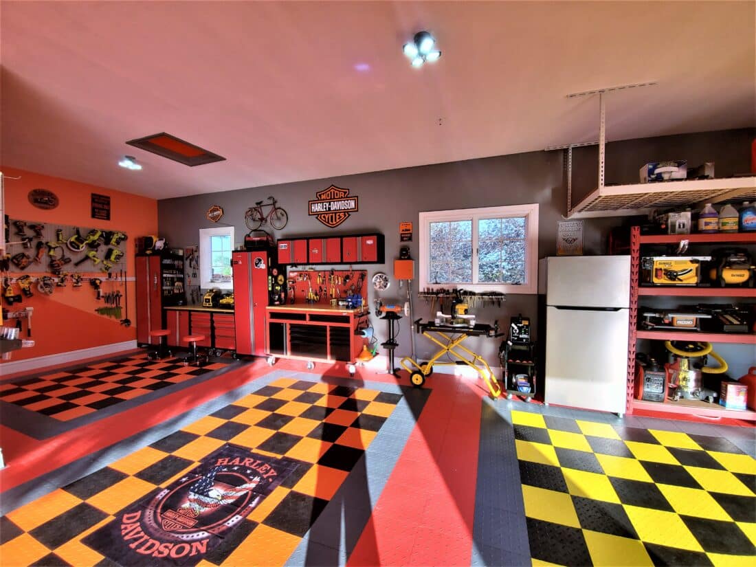 Orange and black TrueLock Diamond tiles checkerboard with grey border