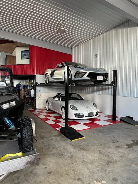 Large shop space that features red and white tile pad