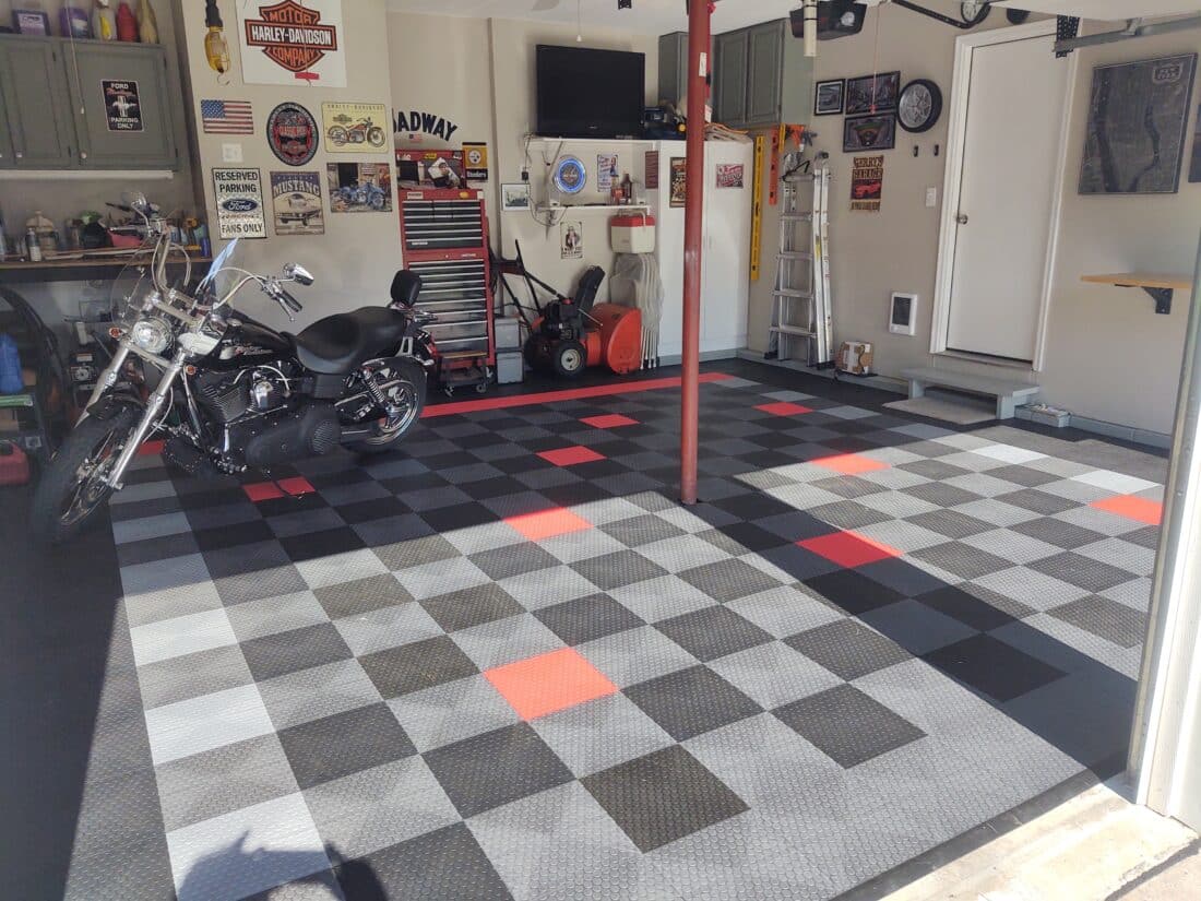 Grey, black, red small coin tiles