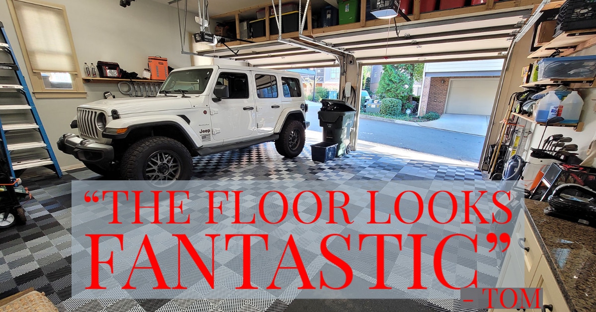Graphite and Alloy Tiles with quote, "the floor looks fantastic"